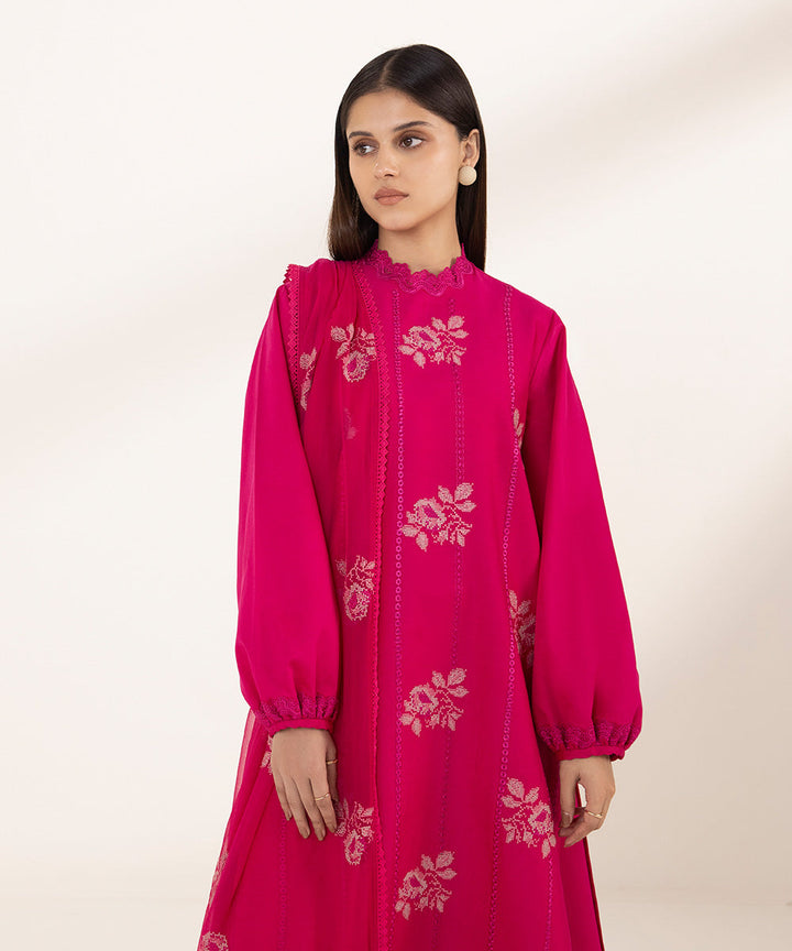 3 Piece - Embroidered Cotton Satin Suit