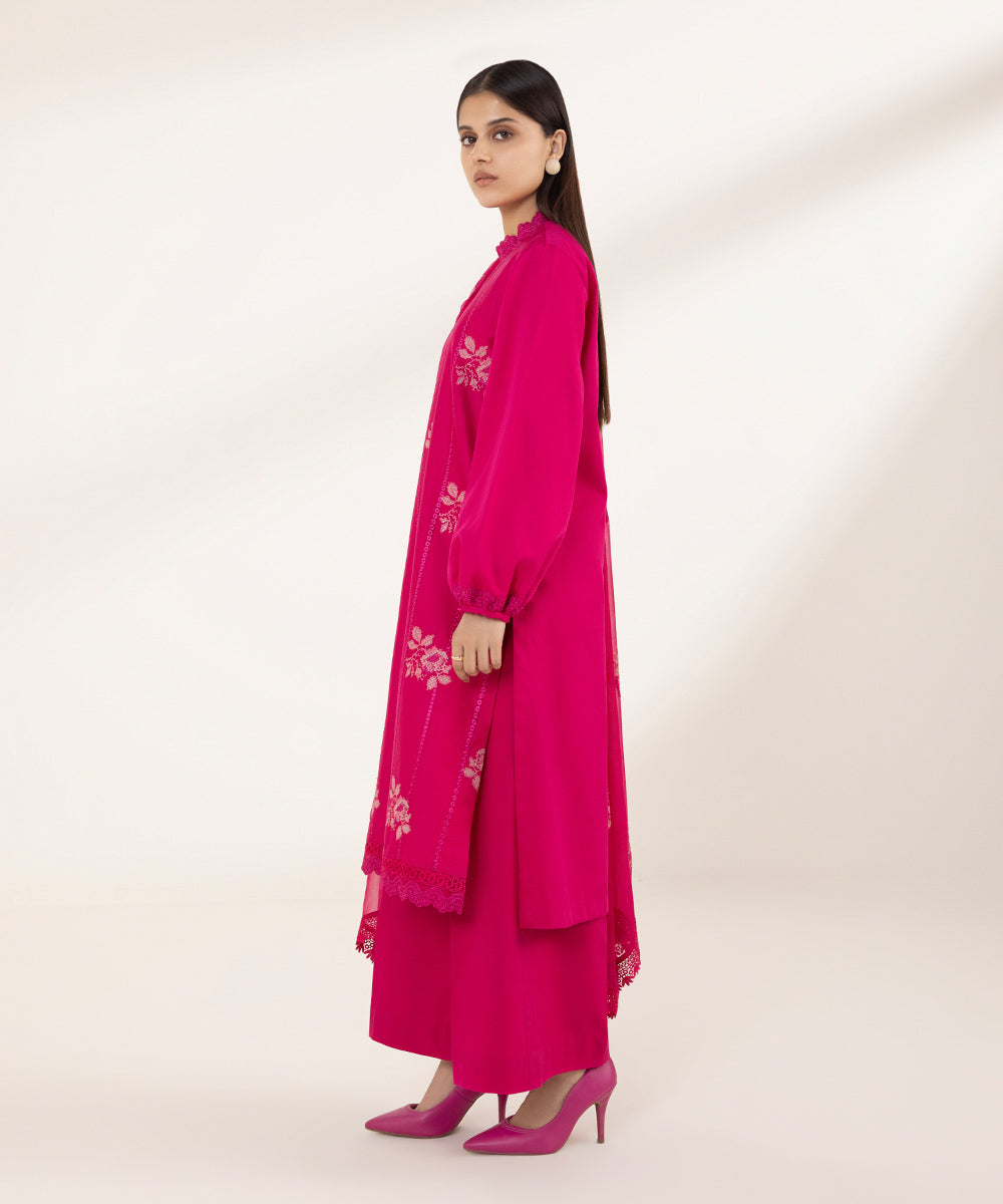 3 Piece - Embroidered Cotton Satin Suit