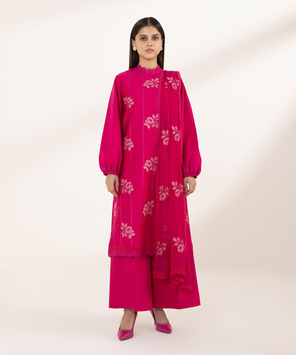 3 Piece - Embroidered Cotton Satin Suit