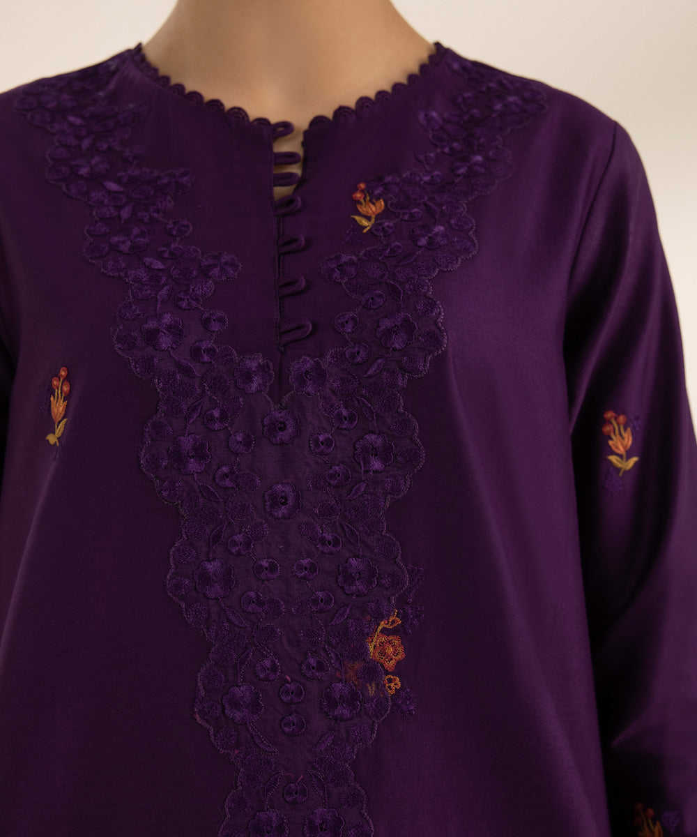 3 Piece - Embroidered Cotton Satin Suit