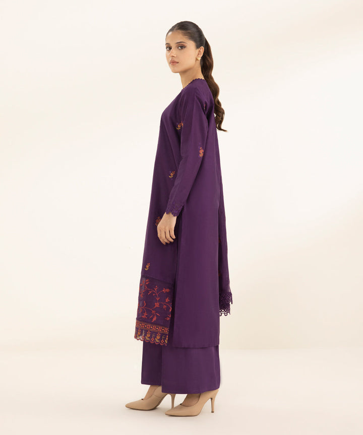 3 Piece - Embroidered Cotton Satin Suit