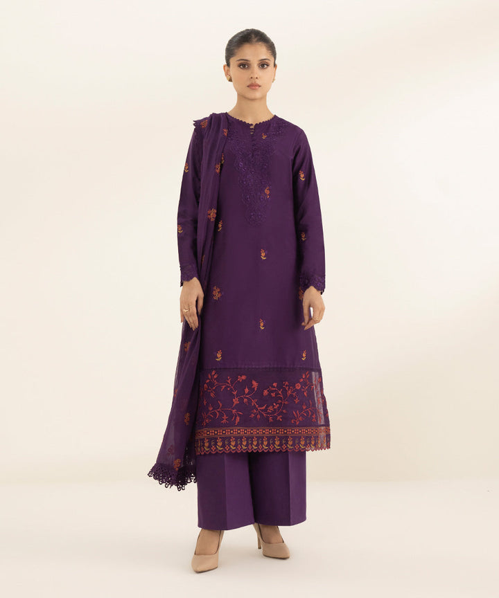 3 Piece - Embroidered Cotton Satin Suit