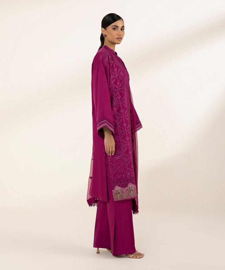 3 Piece - Embroidered Cotton Satin Suit