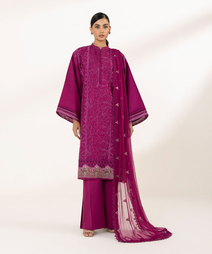 3 Piece - Embroidered Cotton Satin Suit