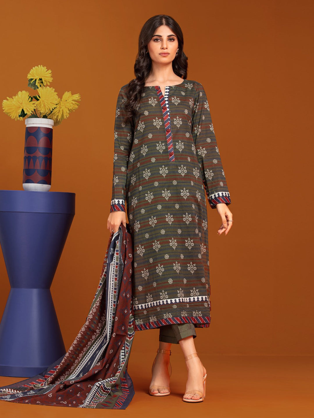 EWU23A3-27174-3P Unstitched Dark Green Printed Khaddar 3 Piece